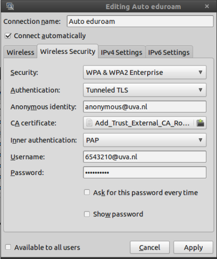 Wireless security settings for Eduroam at the UvA using Ubuntu Linux